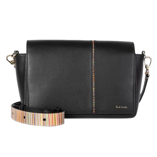 This Paul Smith Women's Black Leather 'Signature Stripe' Cross-Body Bag is made out of plain leather with a striped leather cross body strap that is adjustable.