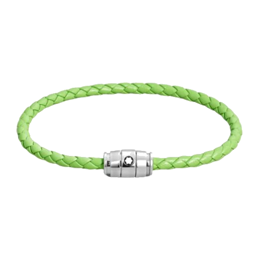 Montblanc's Meisterstück Steel 3 Ring Lime Leather Bracelet is made with leather and a steel clasp that has a magnetic fastening.