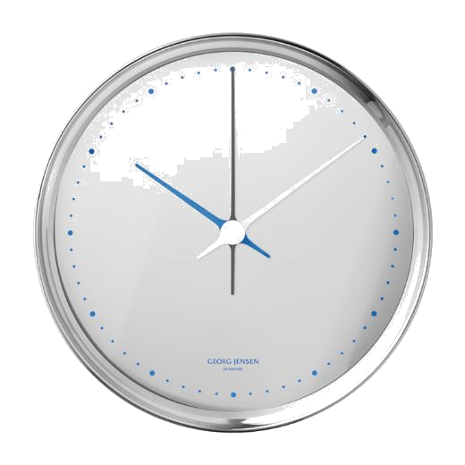 Georg Jensen's Koppel White Stainless Steel Wall Clock 22cm has blue detailing that stands out against the white.