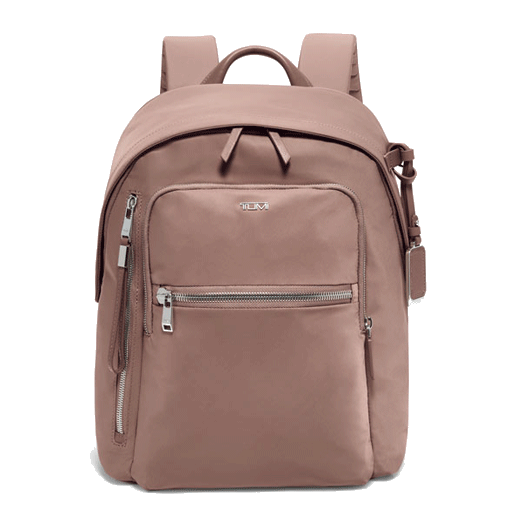 TUMI's Voyageur Halsey Backpack in Mauve has the brand name in silver lettering.