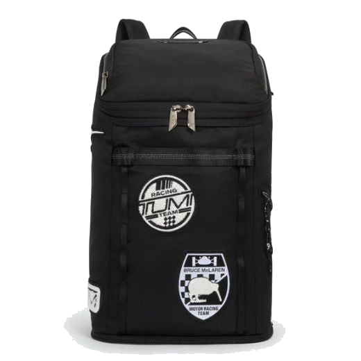 TUMI's McLaren Packable Black Nylon Backpack is made with nylon with polished silver trims.