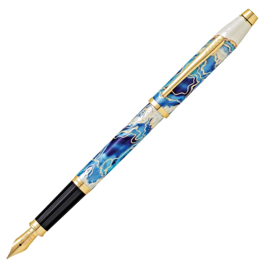 The Cross Wanderlust Malta Fountain Pen is made of lacquer with a stainless steel nib that is gold-plated to match the gold trims.