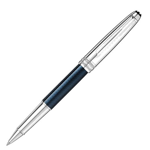 Montblanc rollerball pen with blue hexagon barrel.