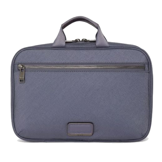 This TUMI Voyageur Blue Shimmer Madeline Cosmetic Case is made out of nylon with leather trims.