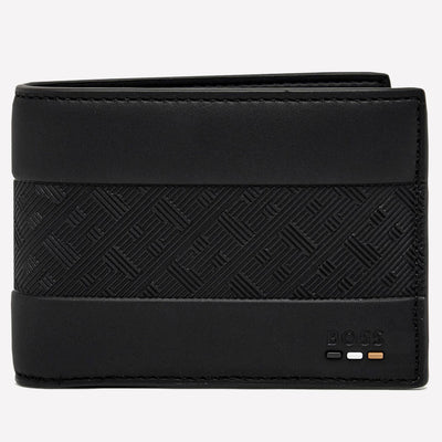 This BOSS black wallet comes with the branding on the front.