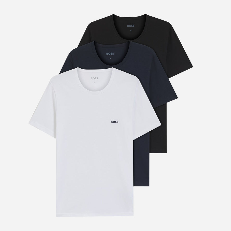 3-Pack Pure Cotton Classic Crew Neck T-Shirts in White, Black and Navy Blue from BOSS.