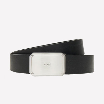 BOSS black belt comes with a silver rectangular buckle.