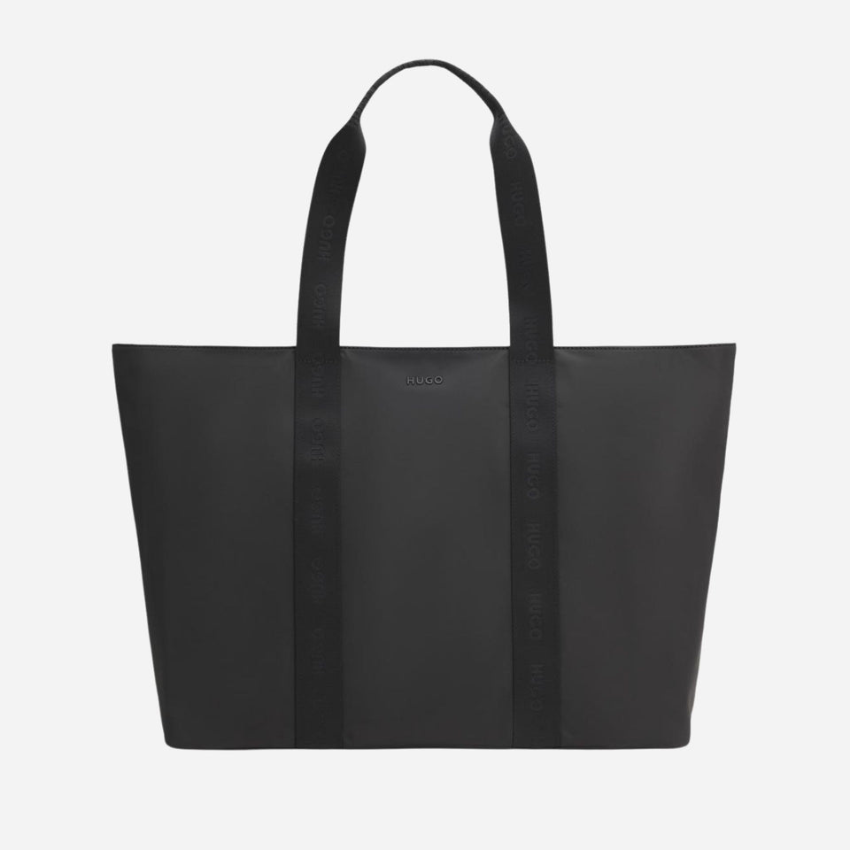 Becky Canvas Black Tote Bag with Black Hugo Logo by BOSS.