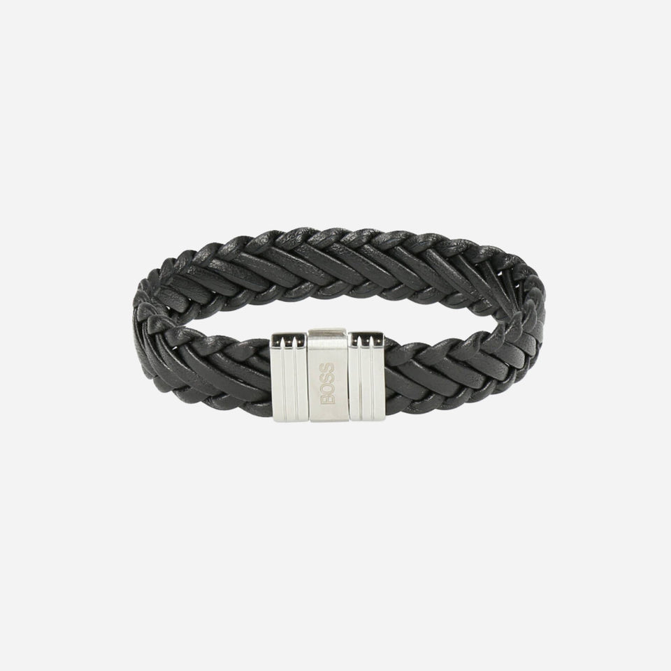 Black Double Braided Leather Wrap Bracelet by BOSS.