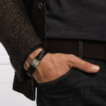 Model shot of Black Double Braided Leather Wrap Bracelet by BOSS.