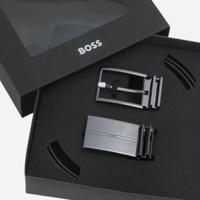 Men’s Gomero Black and Navy Blue Reversible Leather Belt with Plaque and Pin Buckles by BOSS.