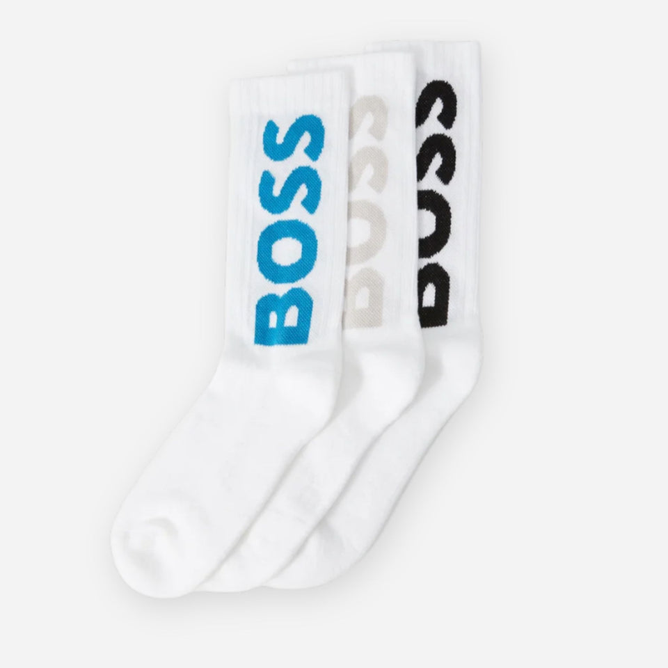 Pack of 3 White Quarter Length Cotton Blend Socks with Large Logos by BOSS