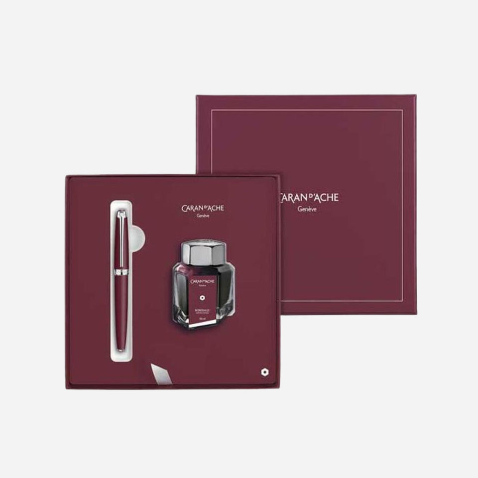 Léman Bordeaux  Gift Set featuring a Fountain Pen & Inkwell from Caran d'Ache.