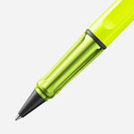 Close up of safari Rollerball Pen in neon yellow by LAMY.