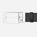 Close up of buckle on Palladium Reversible Leather Belt in Black/Brown from Montblanc.
