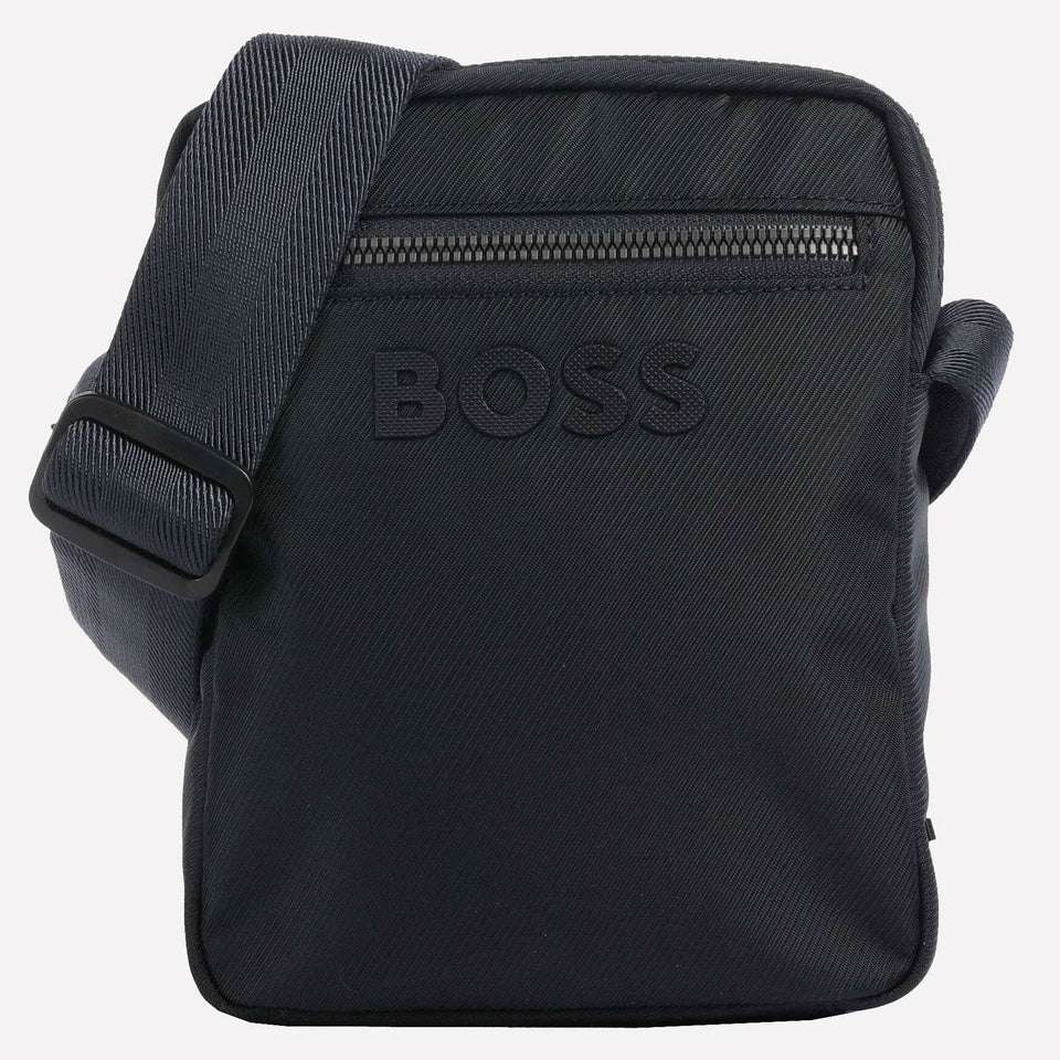 This BOSS Cross Body Bag comes with the logo on the front and is made a navy from recycled synthetics.