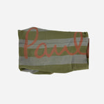 Close up of Green Cotton Block Stipe Scarf with Large Logo from Paul Smith.