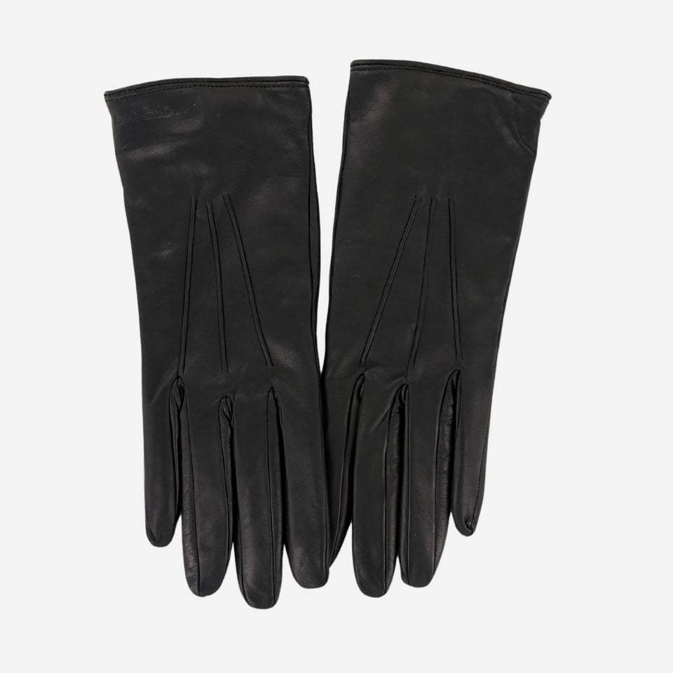 Front of Swirl Cashmere-Lined Leather Gloves in Black by Paul Smith.