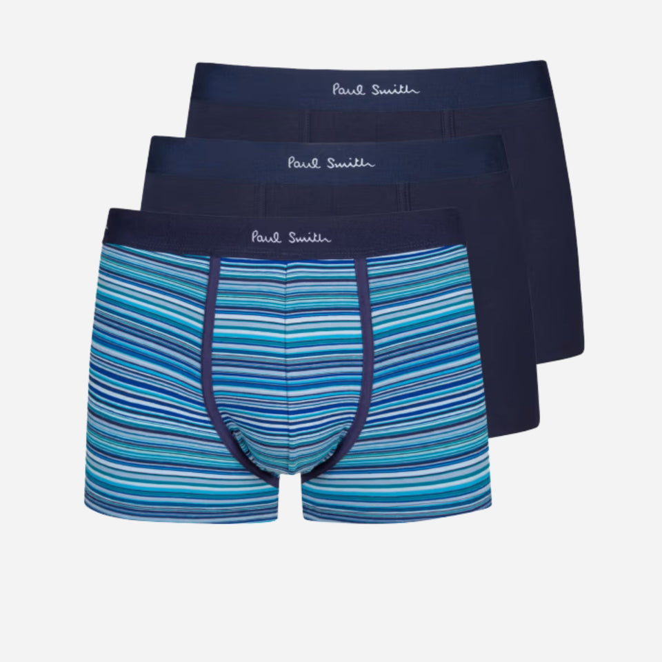 Three Pack Organic-Cotton Blue 'Signature Stripe' Boxer Trunks by Paul Smith.