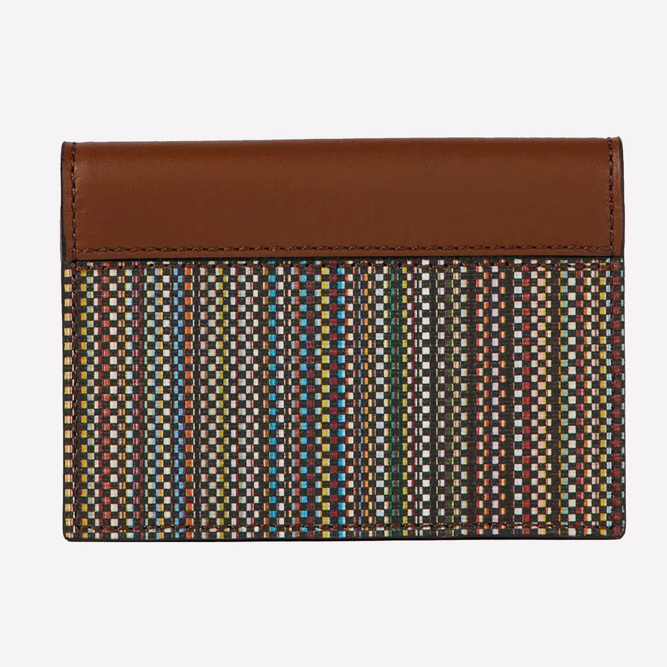 This Paul Smith card holder features a smooth leather and multi colour canvas design.