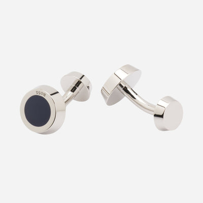 Round Brass Cufflinks with Navy Blue Engraved-Logo Enamel Insert rom BOSS.