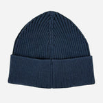 A dark navy blue ribbed knit beanie hat with a folded cuff from BOSS Menswear.