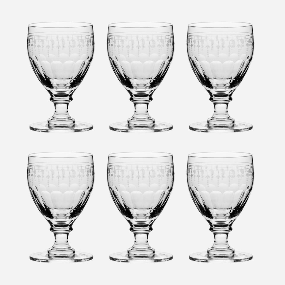 Pack of six Art Nouveau Wine Glasses from Royal Scot Crystal Manor House Collection.