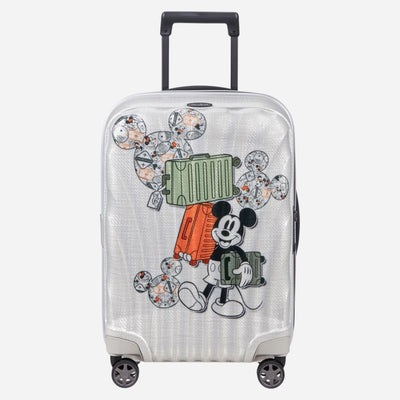 Samsonite C-Lite silver spinner suitcase with Disney Mickey Mouse design.