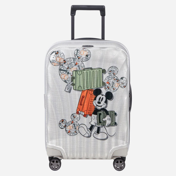 Samsonite C-Lite silver spinner suitcase with Disney Mickey Mouse design.