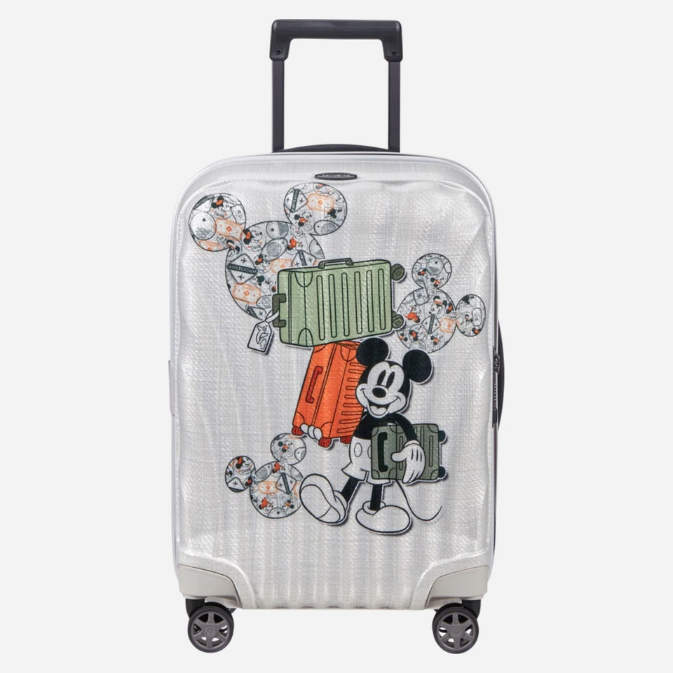 Samsonite C-Lite silver spinner suitcase with Disney Mickey Mouse design.