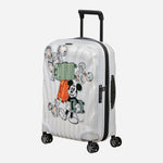 Samsonite C-Lite silver spinner suitcase with Disney Mickey Mouse design and TSA-inegrated combination lock on the side for safe travels.