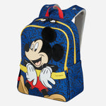 Side View of Daydream Disney Kids Mickey Mouse Blue Backpack from Samsonite, showcasing bottle holders and a front zipped pocket.