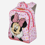 Side View of Daydream Disney Kids Minnie Mouse Pink Backpack from Samsonite, showcasing bottle holders and a front zipped pocket.