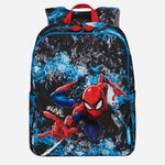 A Samsonite Disney Marvel Spider-Man themed school backpack featuring a large graphic of Spider-Man on the front over a black and blue splatter pattern, with red top handles and zipper pulls.