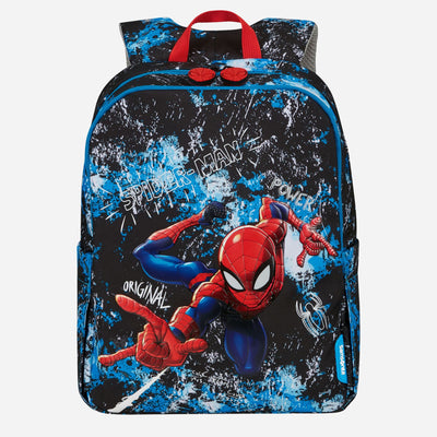 A Samsonite Disney Marvel Spider-Man themed school backpack featuring a large graphic of Spider-Man on the front over a black and blue splatter pattern, with red top handles and zipper pulls.