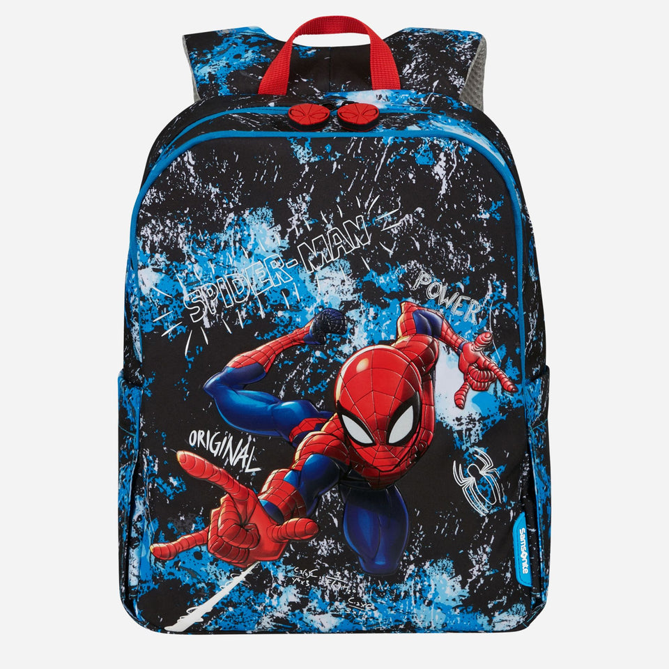 A Samsonite Disney Marvel Spider-Man themed school backpack featuring a large graphic of Spider-Man on the front over a black and blue splatter pattern, with red top handles and zipper pulls.