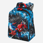 A children's backpack featuring Spider-Man graphics, with a black and blue splatter pattern, Spider-Man artwork, and red accents on the top handle and zipper pulls.
