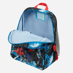 A backpack with a Spider-Man themed print, shown open to reveal a light blue interior. The backpack features a black and blue splatter pattern with Spider-Man illustrations, a red top handle, and a red Spider-Man face patch on the side pocket.