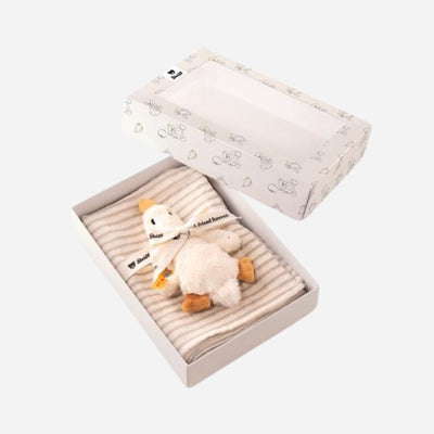 Gilda Goose toy with rattle and burp cloth gift set from Steiff.