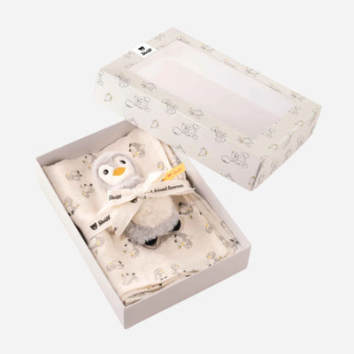Lio penguin toy with rattle and burp cloth gift set from Steiff.
