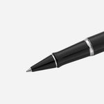 Close up of Expert Black Lacquer Rollerball Pen with Chrome Trim by Waterman.