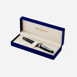 Packaging of Expert Black Lacquer Rollerball Pen with Chrome Trim by Waterman.