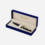 Packaging of Expert Black Lacquer Rollerball Pen with Gold Trim  by Waterman.