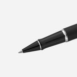 Close up of Expert Matte Black Lacquer Rollerball Pen with Chrome Trim  by Waterman.