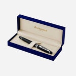 Packaging of Expert Matte Black Lacquer Rollerball Pen with Chrome Trim by Waterman.
