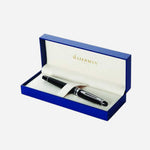 Packaging of Expert Black Lacquer Fountain Pen with Chrome Trim by Waterman.