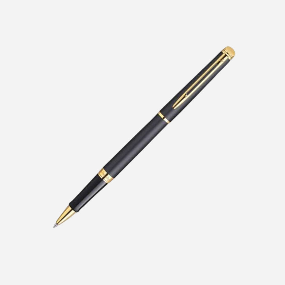 Hemisphere, Matt Black Rollerball Pen with Gold Trim by Waterman.