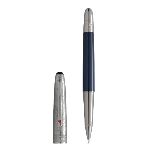 Montblanc's Doué Classique Around the World in 80 Days Blue Rollerball Pen is made with precious lacquer and platinum trims.