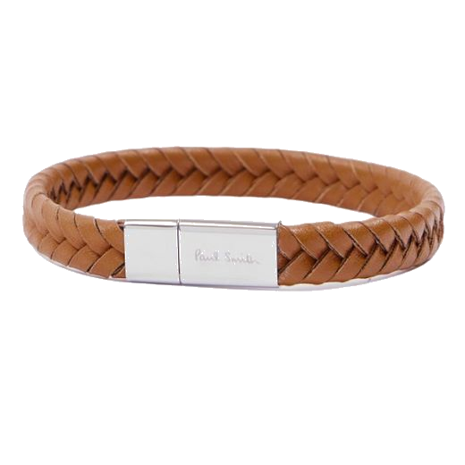 Paul smith's Men's Tan Leather Braided Bracelet is made out of cowhide with a metal clasp in polished silver.