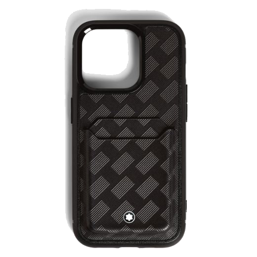 Montblanc's Extreme 3.0 Hard Shell Black iPhone 16 Pro 2CC Case has 2 card slots on the back in matching cowhide leather with the Extreme 3.0 pattern.